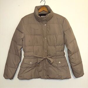 Garnet Hill Women’s Puffer Jacket Size 4 Taupe Down Feather Filled & Belted